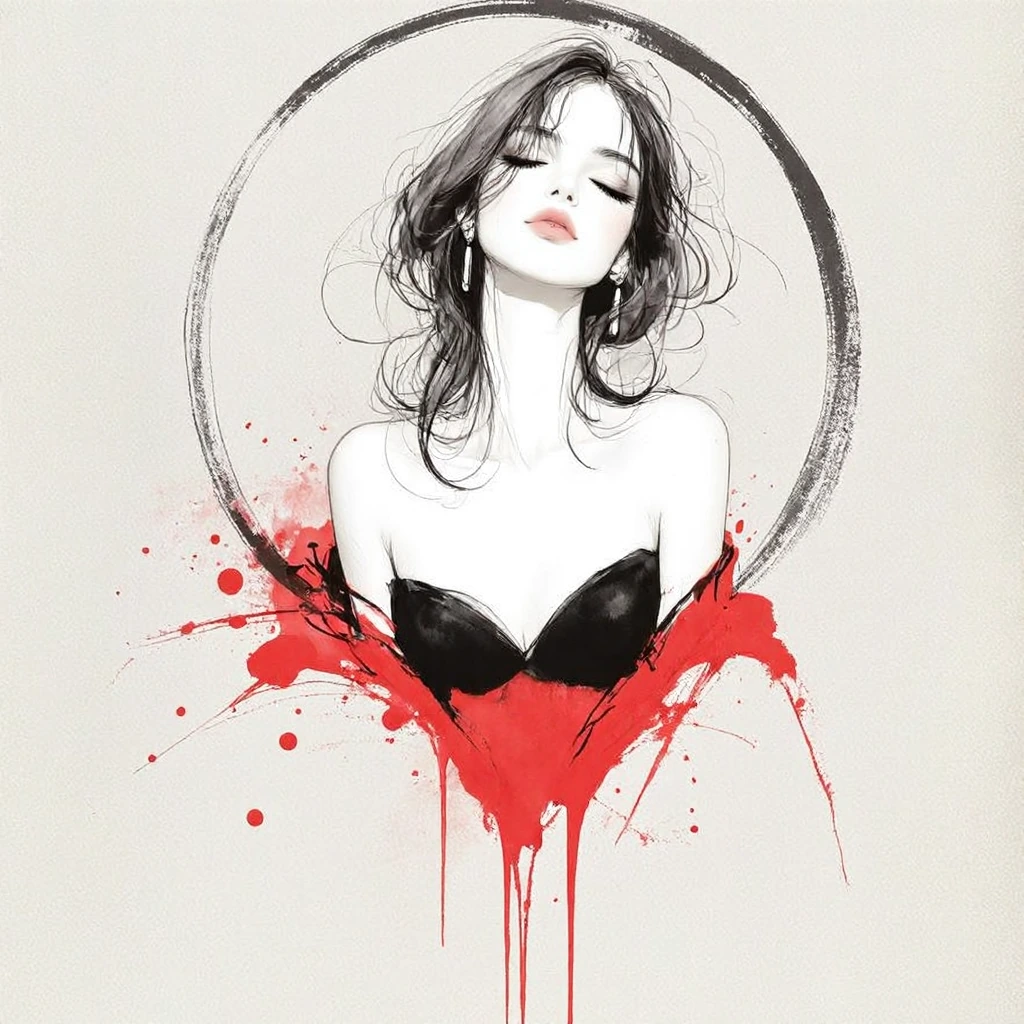 Stylized monochromatic ink-and-graphite illustration of an elegant adult woman with long flowing hair, head tilted back and eyes closed, serene yet in