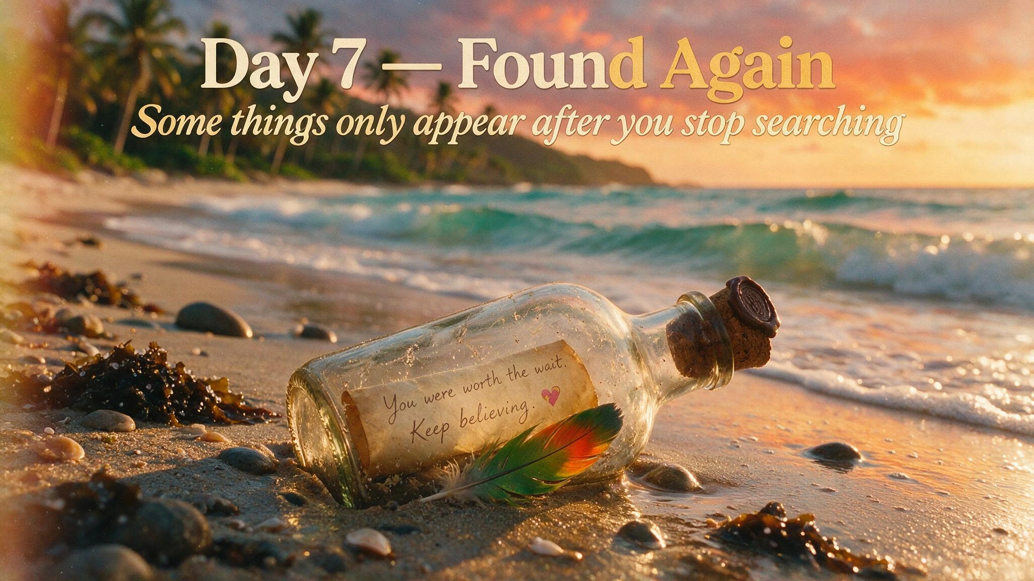 Day 7 — Found Again, Some things only appear after you stop searching; Title in proud two-tone lettering: Day 7 — Found Again, Tagline funky text; Some things only appear after you stop searching; Message in a Bottle washed up on a paradise beach at