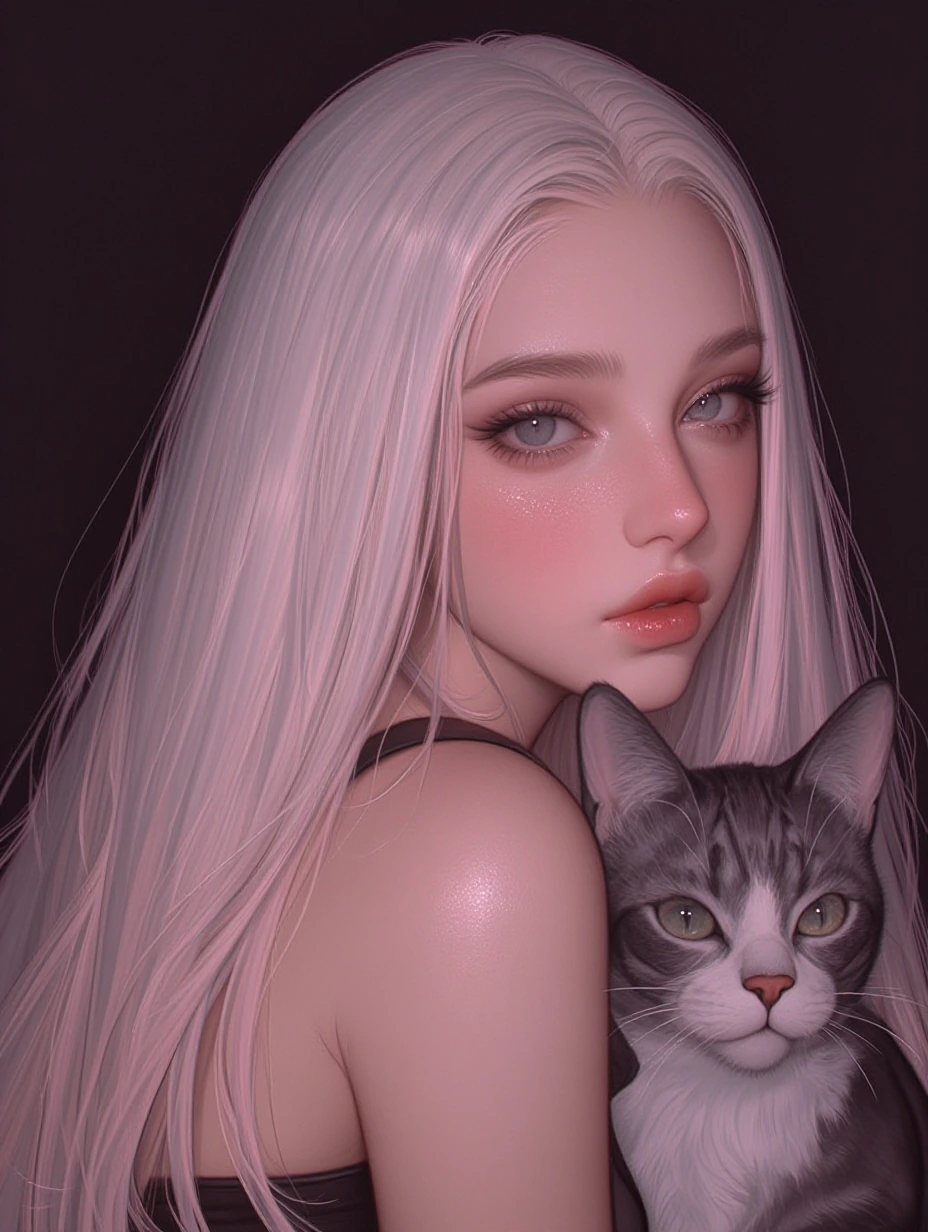 Beautiful woman pastel ombre hair with a cat, dramatic lighting, airbrushed Matte style