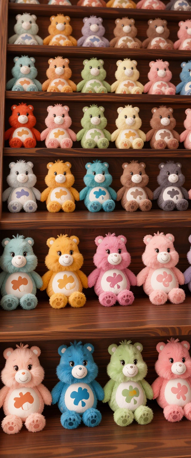 the ledger of small kindnesses represented by rows of plush, soft, cuddly stuffed animals. Each animals fur has a design, or symbol to represent a small act of kindness, much like care bears. They are sitting in layered rows like bleachers. Deep dark