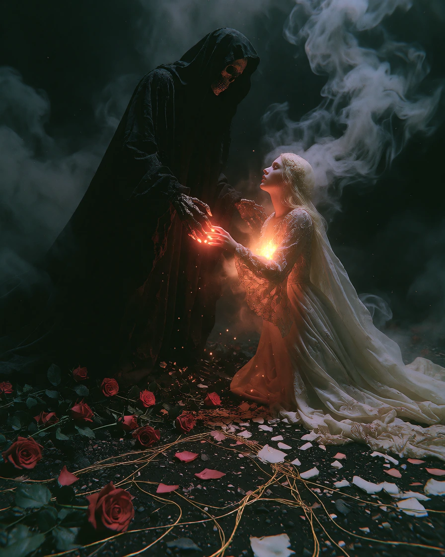 Death towering over Love, a skeletal figure cloaked in endless blackness crushing a radiant heart beneath its hand, while two fading lovers reach desp