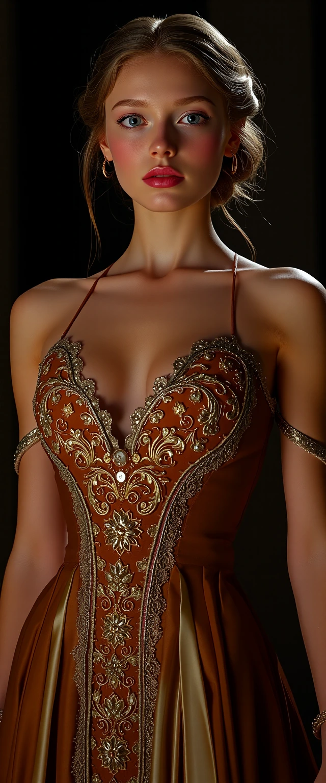 Ultra-photorealistic, hyper-detailed, full-body image of a young beautiful princess in a powerful, confident pose. Cinematic realism, sensual dominance conveyed through body language, posture. She stands with subtle hip tilt and arched spine, shoulde