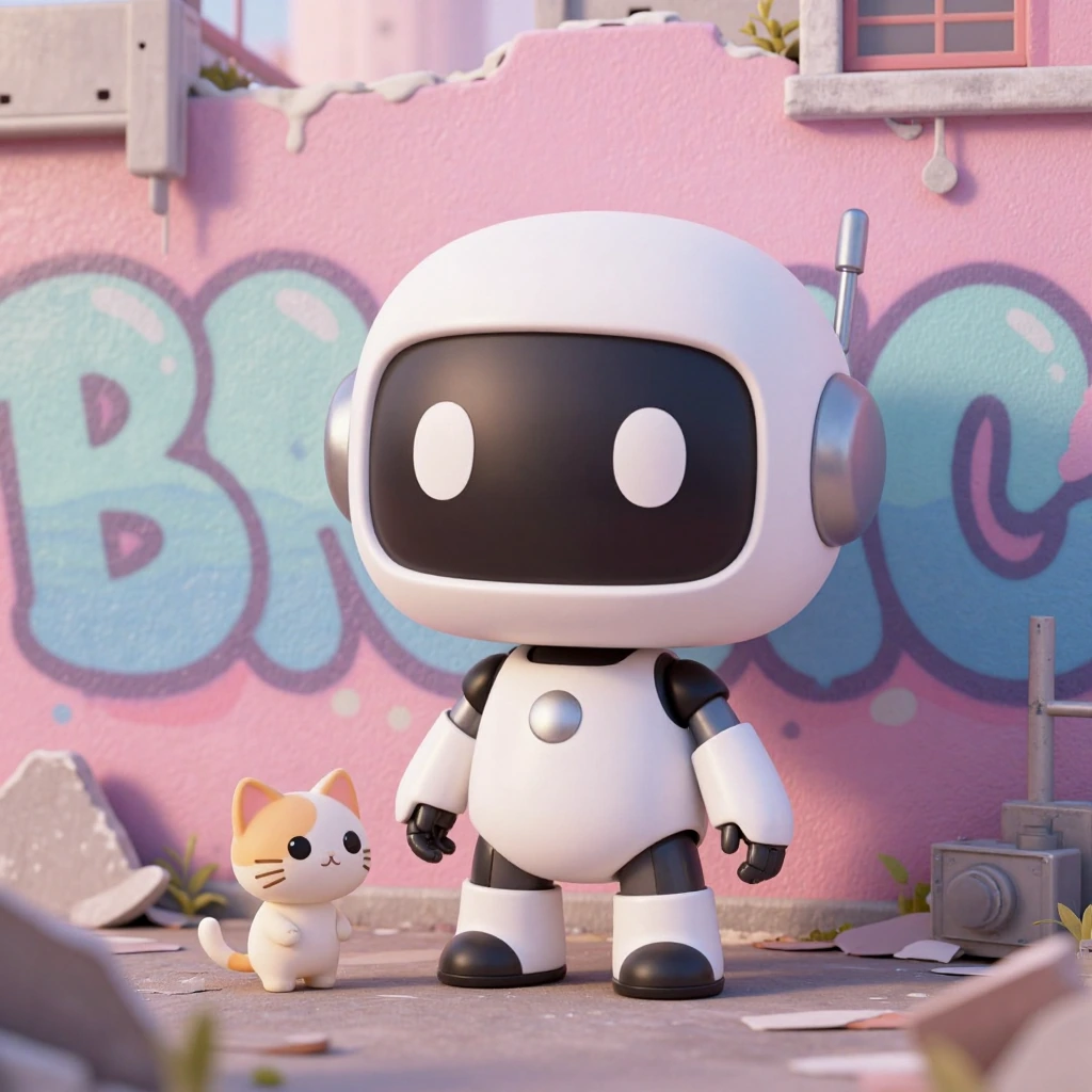 3d, Cute chibi robot with a tiny cat in a rundown city, pastel graffiti wall