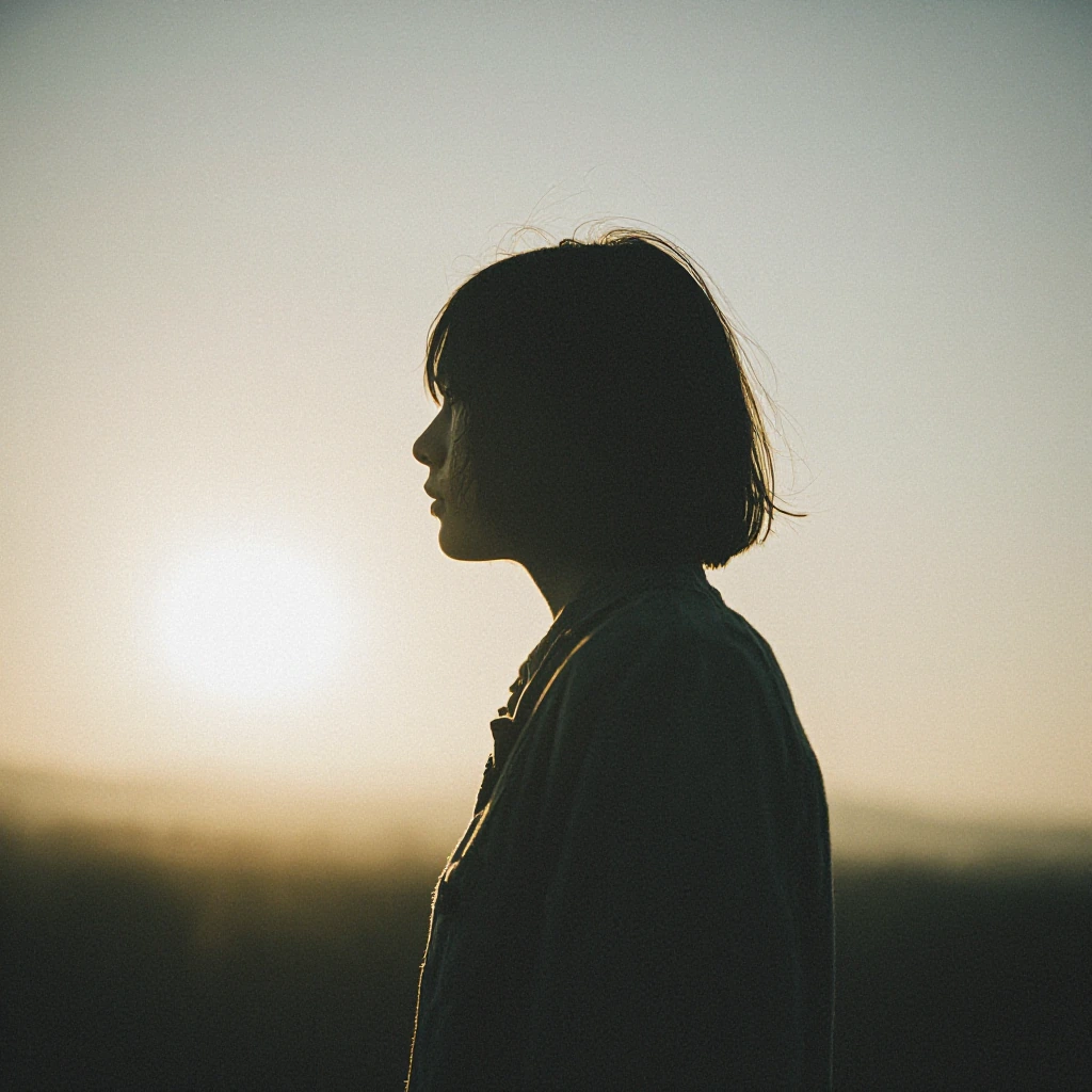ethereal portrait of a figure gazing at distant horizon, golden hour light