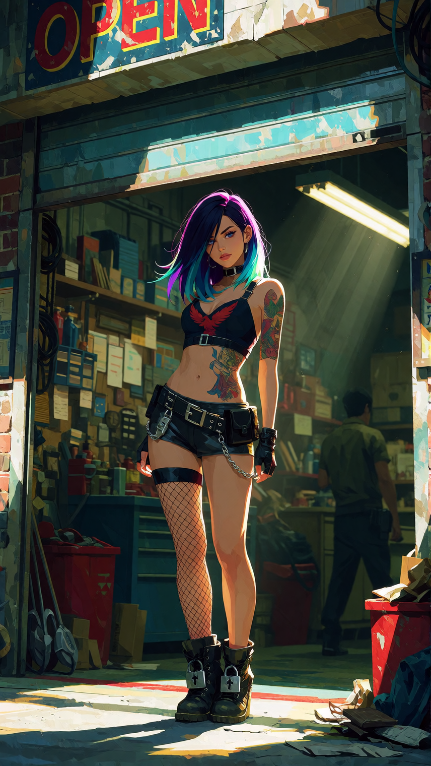 Masterpiece, best quality, ultra-detailed 8K cinematic semi-realistic anime, glossy skin, morning shop lighting, perfect anatomy. Phoenix Motorworks s