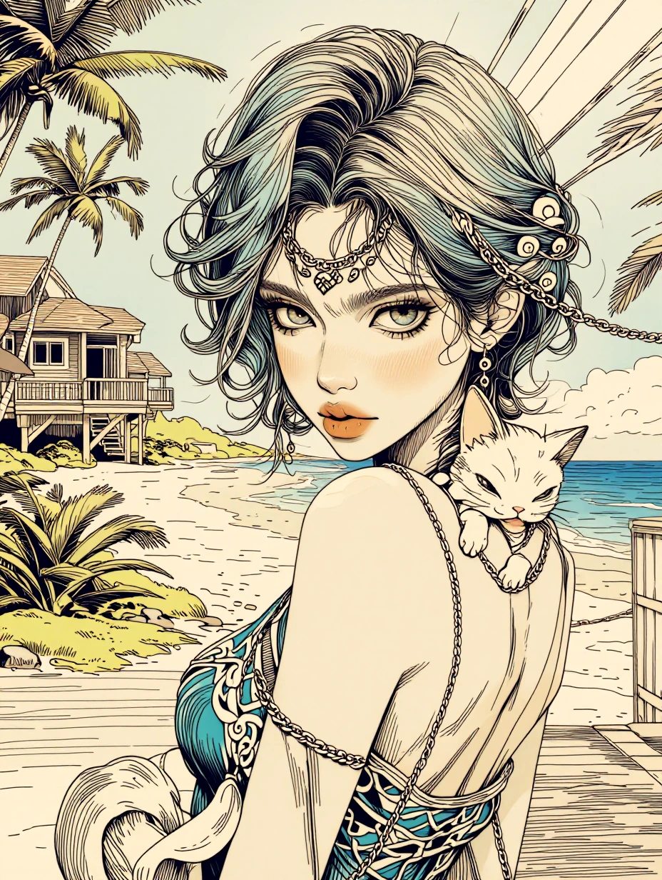 beautiful oceancore woman with ocean themed hair, cat on her shoulder, in front of a beautiful beach house, ink outlined photograph