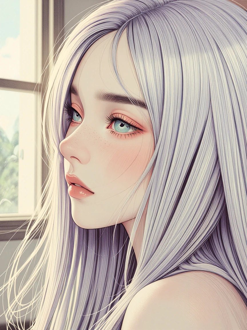 Ultra-detailed colored pencil portrait of a beautiful young woman with long silver hair and soft purple highlights, gentle side profile, one sparkling teal eye as focal point, delicate freckles, glossy lips, flowing hair strands across face, soft nat