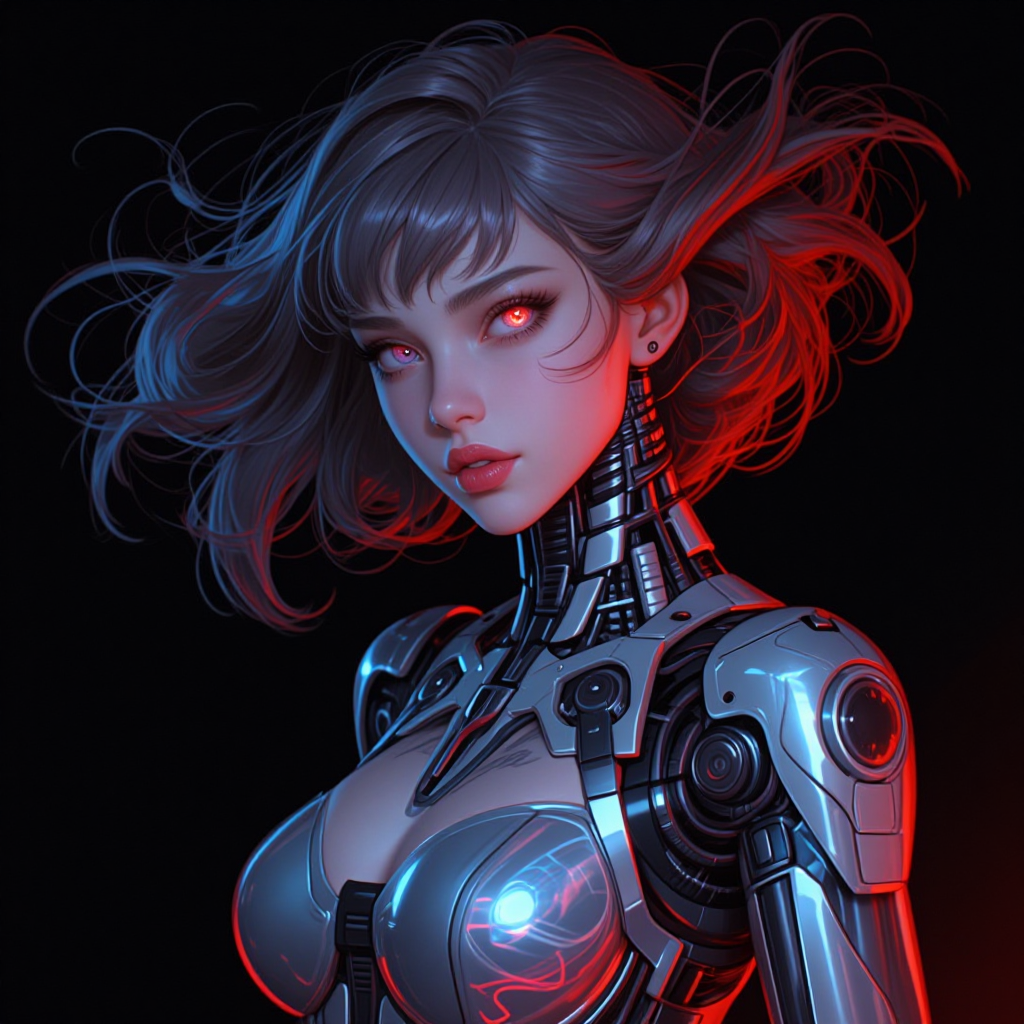 "Create an ultra-realistic, full-body design of a stunning futuristic female cyborg, merging human and robotic aesthetics. Focus on intricate, captiva