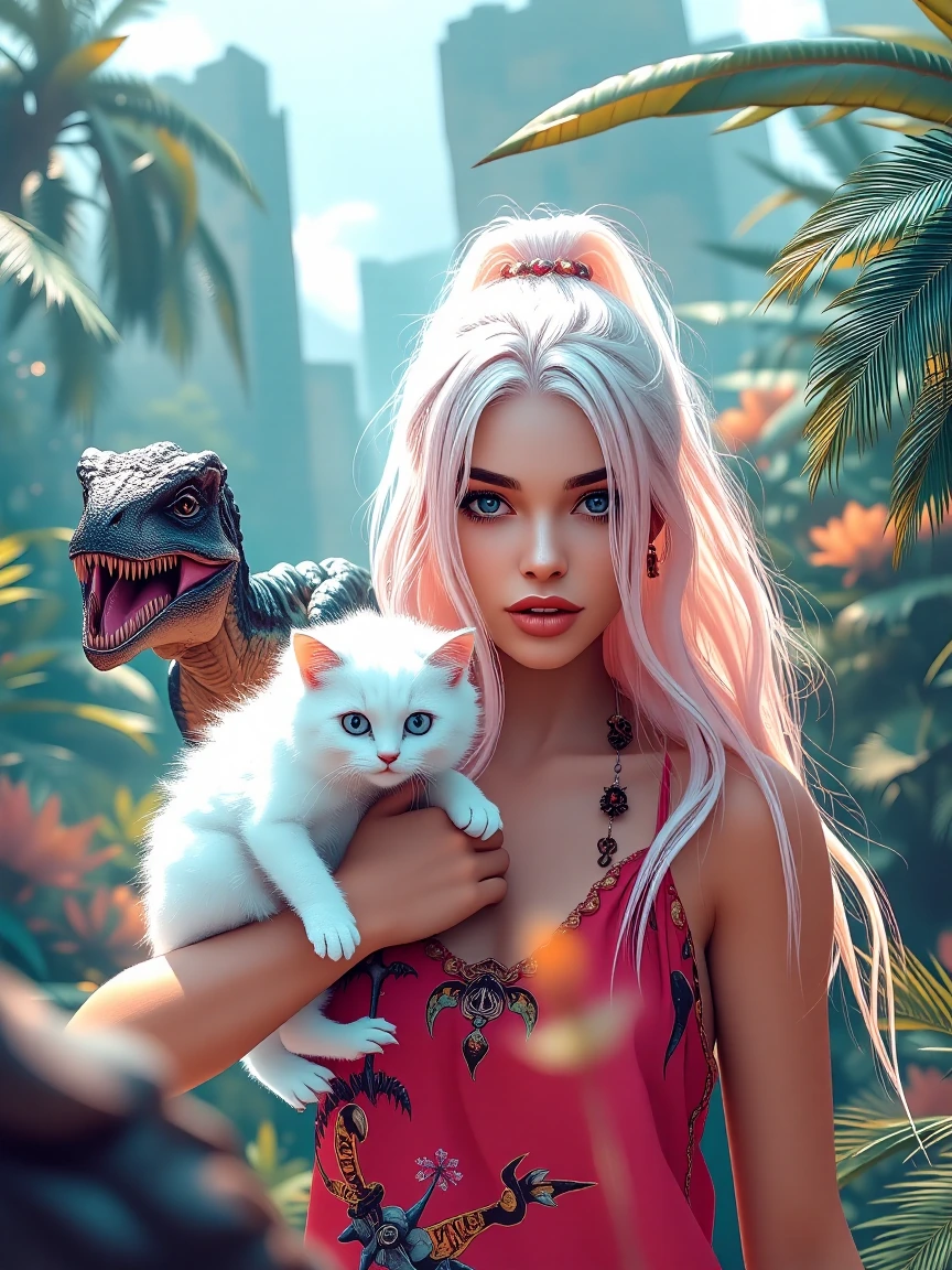 A beautiful woman, platinum pink hair with her fluffy white cat walks with her pet raptor dinosaurs through the jungle. Tropical vibe.