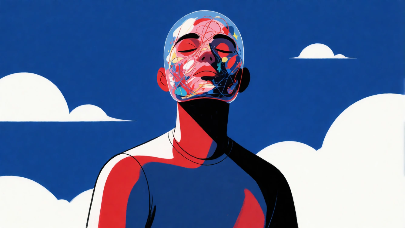 16:9 keyframe, high-grade graphic illustration with bold imperfect black outlines, flat saturated color, strong silhouettes, and clean high-contrast design “Stuck in my own head.” A single powerful figure stands centered in the frame, head slightly t