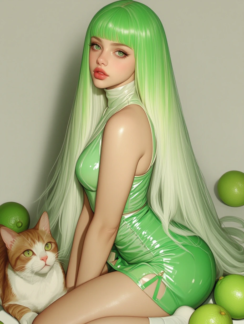 Beautiful woman, airbrushed, long straight green cream ombre hair with bangs, with a cat, lime aesthetic , limes everywhere, minidress
