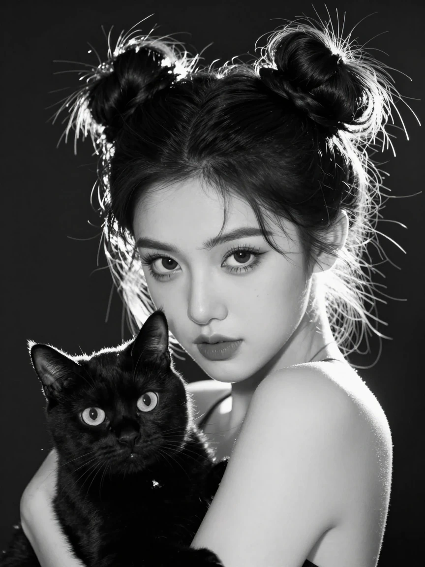 beautiful woman wearing space buns, with the cat Black and white photography, extreme contrast, detailed, backlighting, dynamic range