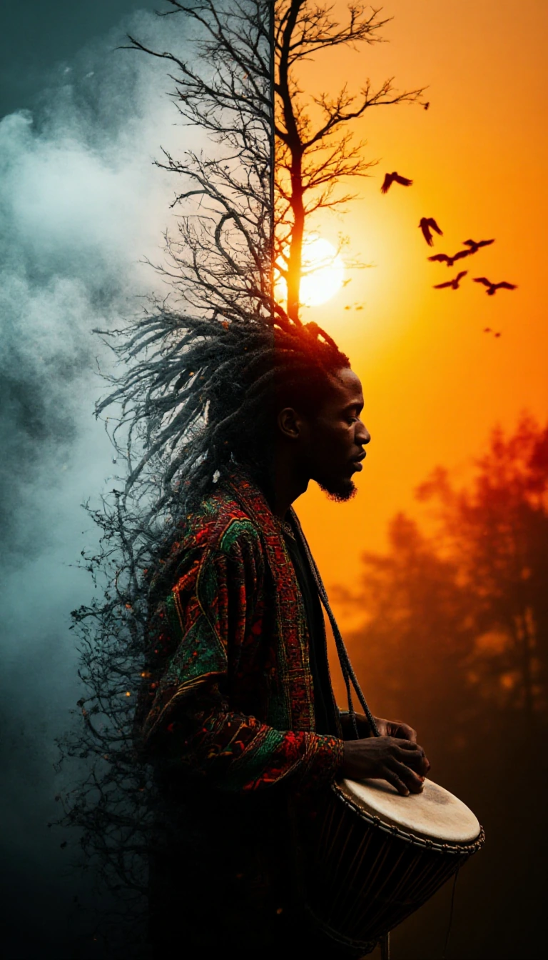 A dramatic, double-exposure conceptual portrait of a Black musician with dreadlocks, captured in profile looking upwards, while playing a djembe drum.