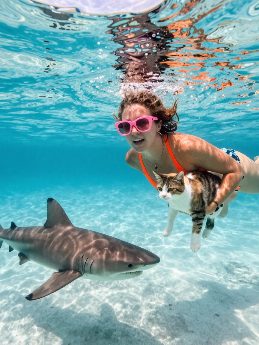 Crazy girlfriend, swimming with friendly sharks and with her cat in Fiji, Very colorful.