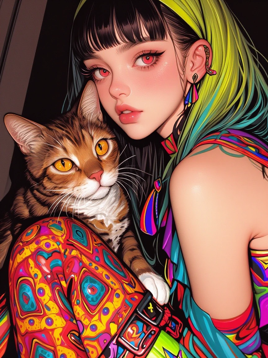 Colorful Psychedelic girl, cat nearby