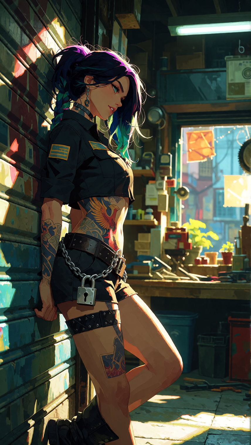 Rory Phoenix at the end of the day in the shop, done working. She’s leaning back against the closed roll-up door with one shoulder, long dark hair wit