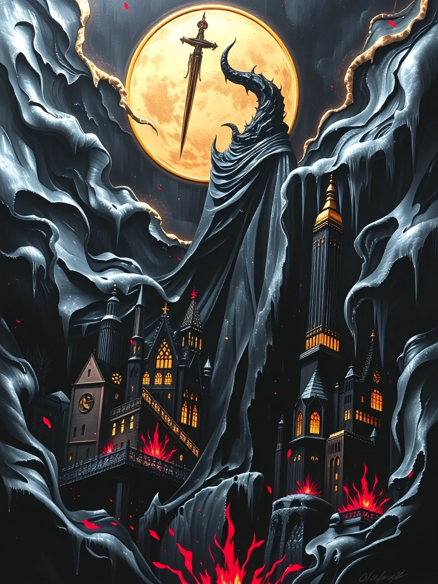 An original giant black canvas with a golden vampire type city no watermarks