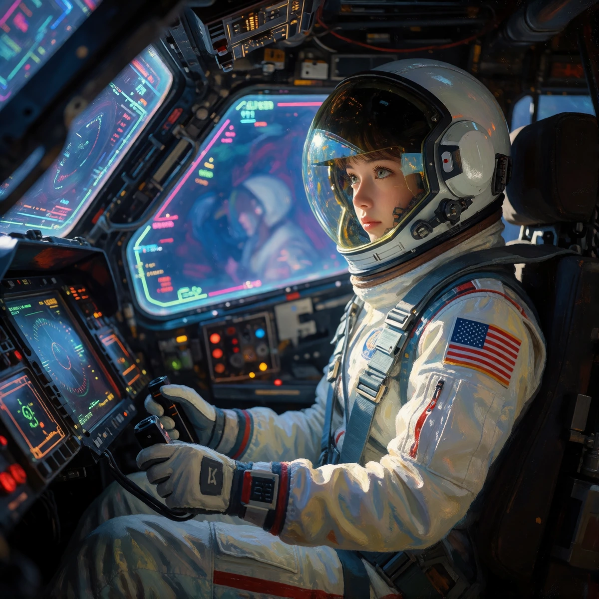 masterpiece, best quality, absurdres, 8k, HDR, ray tracing, amazing quality, very aesthetic, high contrast, vibrant colors, paint strokes style, ((impressionism, epic)), (futuristic mech pilot, inside sci-fi cockpit, holographic HUD interface, pilot