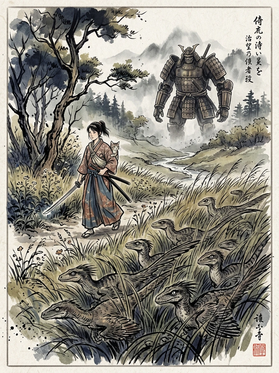 Japanese watercolor ink art. Huge raptor pack hiding in the grass. A beautiful woman walks by with her cat. She carries a sword to keep them safe. Her large mech looks on from behind her.