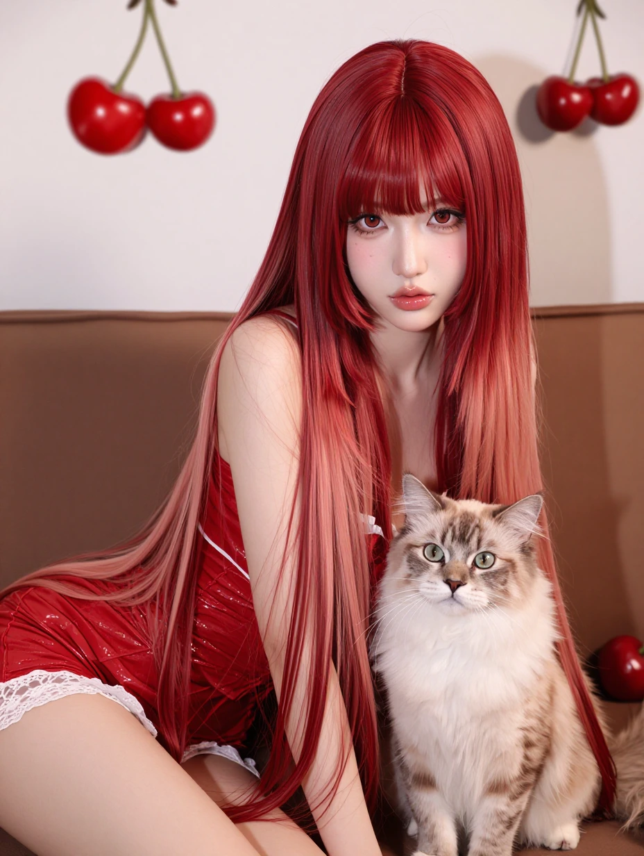 Beautiful woman, airbrushed, long straight red cream ombre hair with bangs, with a cat, red cherry aesthetic , cherries everywhere, minidress