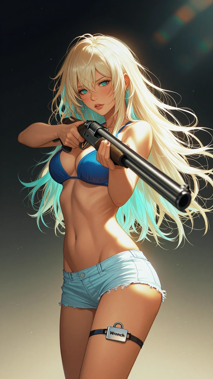 Masterpiece, best quality, ultra-detailed digital illustration, highly polished rendering, sharp clean lines, beautiful stylized proportions. Alexis Sterling standing at a slight angle, long platinum blonde hair with cyan low-lights, striking cyan ey