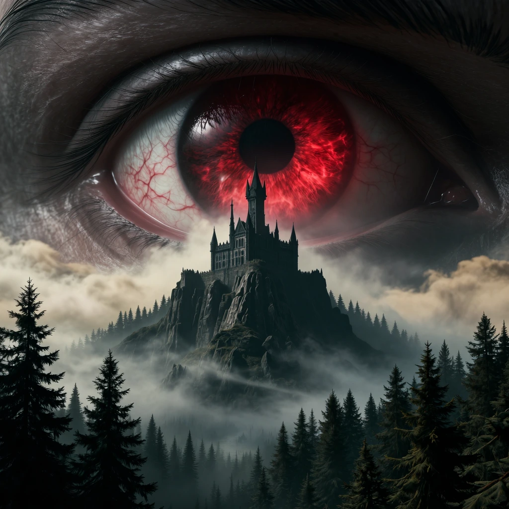 Extreme close-up of a giant, menacing human eye with a glowing crimson red iris, intricate blood vessels and skin texture visible. Emerging from the misty lower half of the eye is a dark, gothic medieval castle perched on a jagged mountain peak. The 
