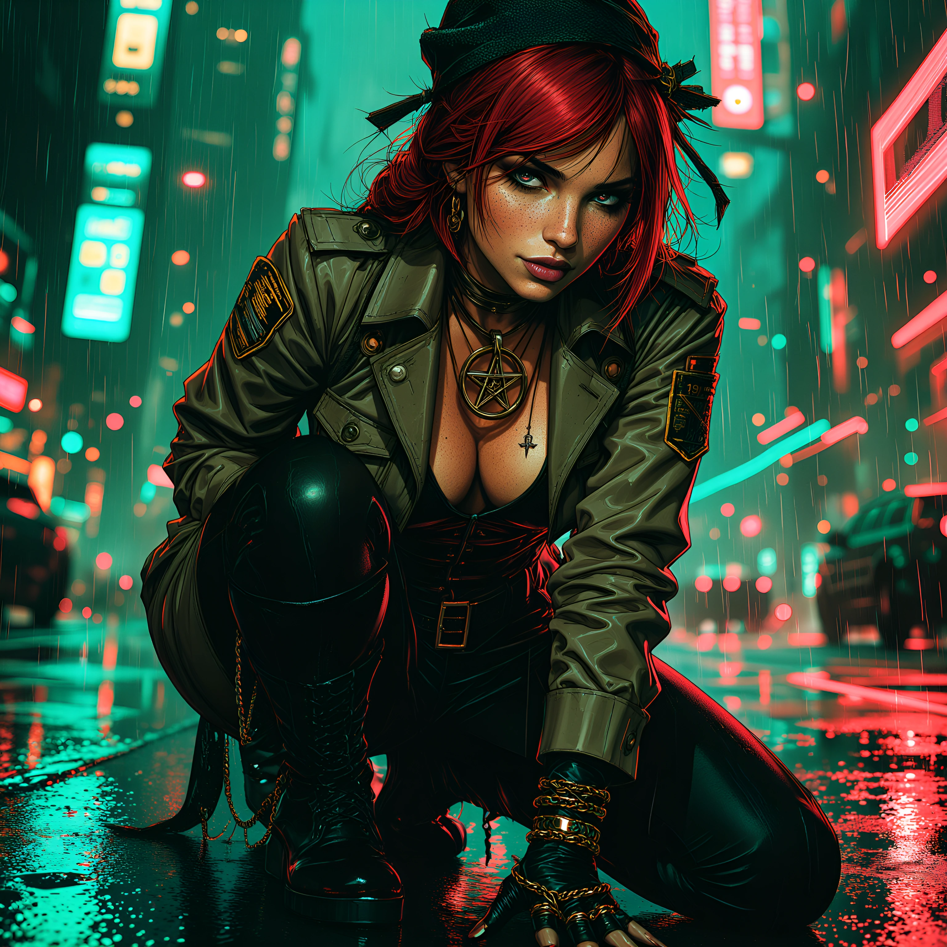 Red-haired sheriff woman, gothic aesthetic, inverted pentagram necklace, khaki uniform, chain boots, freckled face, sultry nervous energy, dark myster