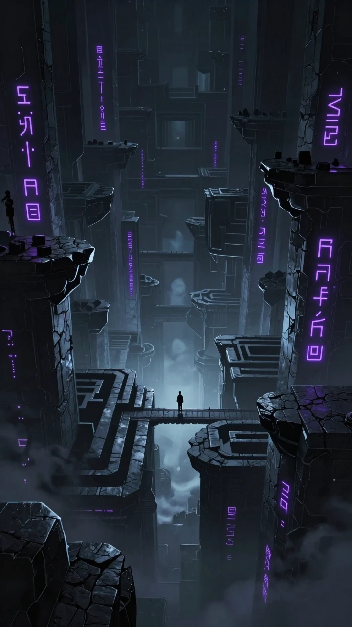 Cinematic anime fantasy landscape, endless mysterious shadow labyrinth with floating dark stone platforms and glowing purple runes on the walls, faint mysterious light sources and swirling shadow energy, small silhouette of a lone traveler standing o