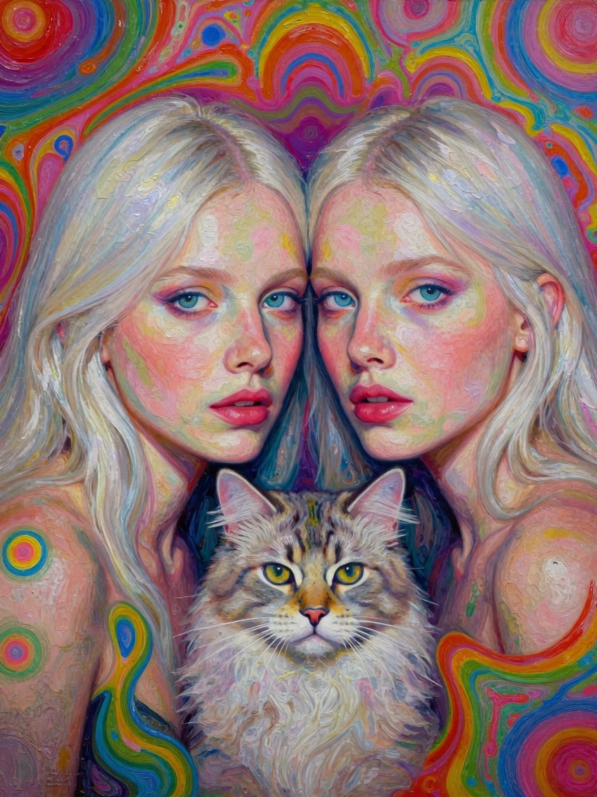psychedelic portrait of woman with platinum blonde hair and cat together, vibrant surreal colors melting and swirling, abstract painterly brushstrokes, oil painting texture, dreamy warped patterns flowing across both figures, trippy kaleidoscopic bac