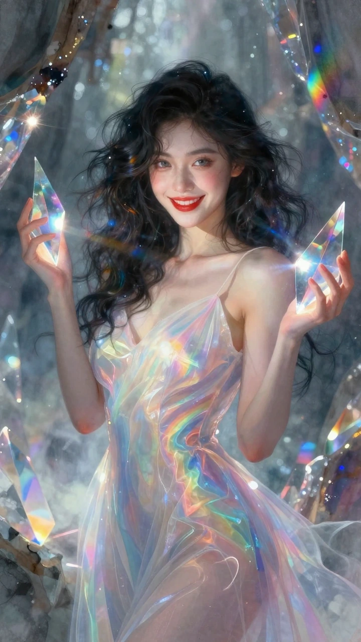 AN abstract creation of a Stunning young woman with sensual grey eyes, full crimson lips, and lustrous wavy black hair with subtle prismatic highlights, radiant warm smile, wearing a light airy prismatic sundress that flatters a sleek lithe curvaceou