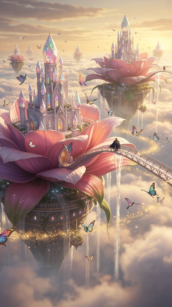 A fantasy kingdom built inside enormous blooming flowers floating above the clouds. Crystal castles rise from giant pink and lavender blossoms connected by winding petal bridges, while waterfalls cascade into the sky below. Butterflies, hummingbirds,