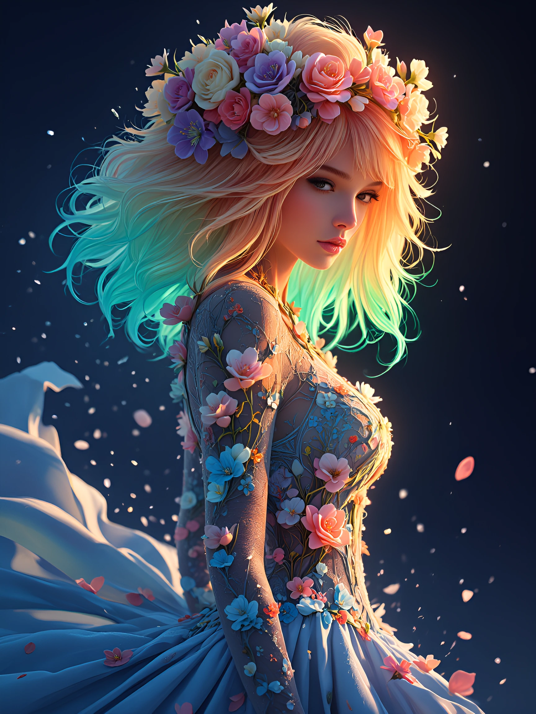 A woman with platinum blonde hair in pastel ombre tones, flowers cascading through her hair in soft spring colors. She wears a floral miniskirt with delicate blooms embroidered across the fabric. Beautiful spring flowers surround her—pastels, soft pi