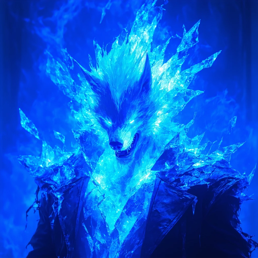 A vampire-werewolf hybrid with luminescent blue porcelain skin and pulsing white eyes, its face mid-transformation with fractured skin peeling away to reveal raw flesh and shifting fangs. Sharp pointed ears, wild spiked hair. Behind it, a shattered g