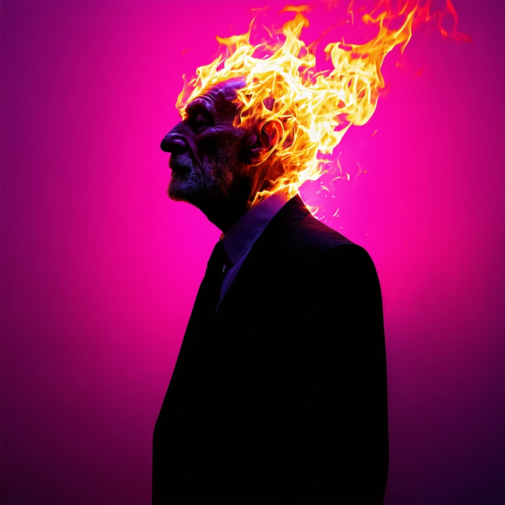 surreal photograph of an old man with his head on fire. Minimalistic dark pink background with a flat feel. hyper detail.