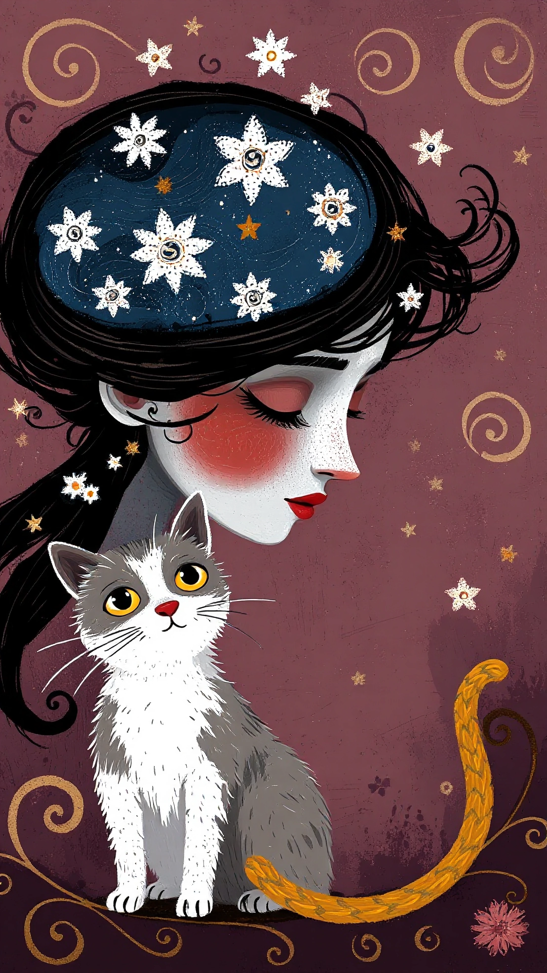 Beautiful woman and cat, whimsical folk art, starry night hair, detailed background with swirls and designs, mauve and bronze