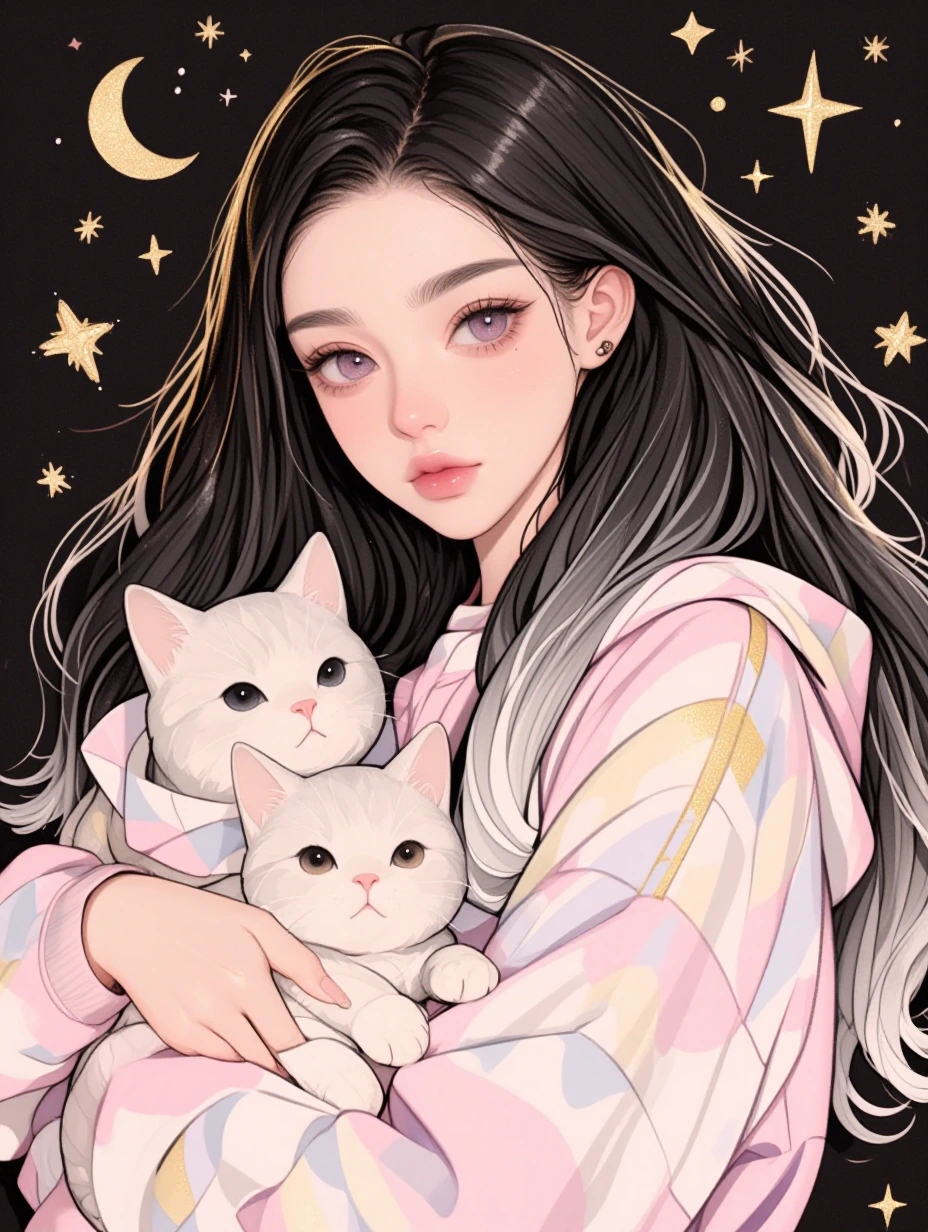 Flat illustration A beautiful woman with long black white ombre hair and lavender eyes, wearing a pastel kawaii colors hoodie, holding two baby cats in pastel colors, with a celestial background full of stars and moon, in a kawaii style, with soft li