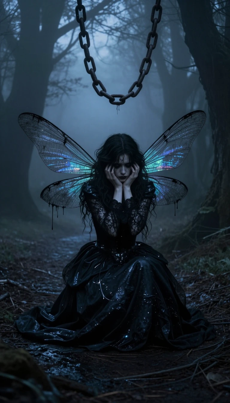Cinematic dark fantasy photography of a melancholic gothic fairy kneeling on a forest path at twilight. She has large, translucent black iridescent dragonfly wings and is wearing a voluminous, shimmering black Victorian lace gown. Her hands are frami