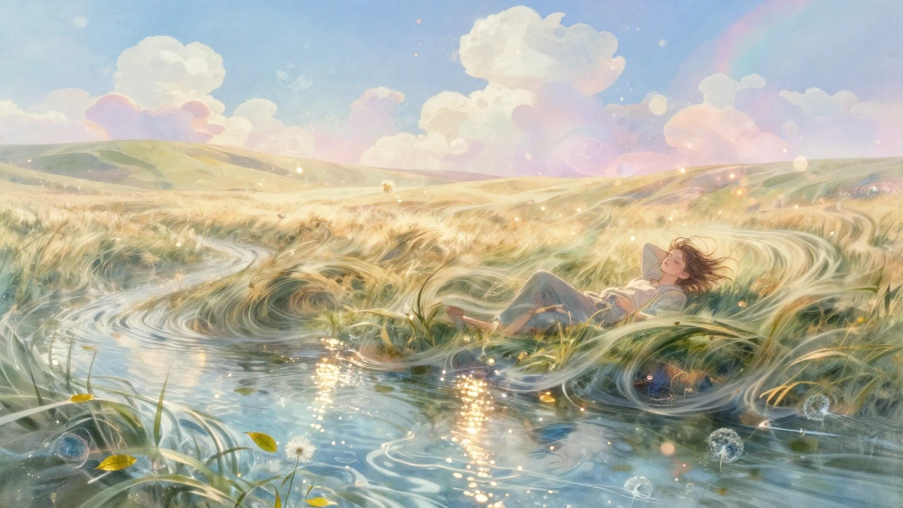 “A serene single-scene illustration in a dreamy painterly anime-cinematic style: vast sunlit meadow of tall lush green and golden grass swaying dynami