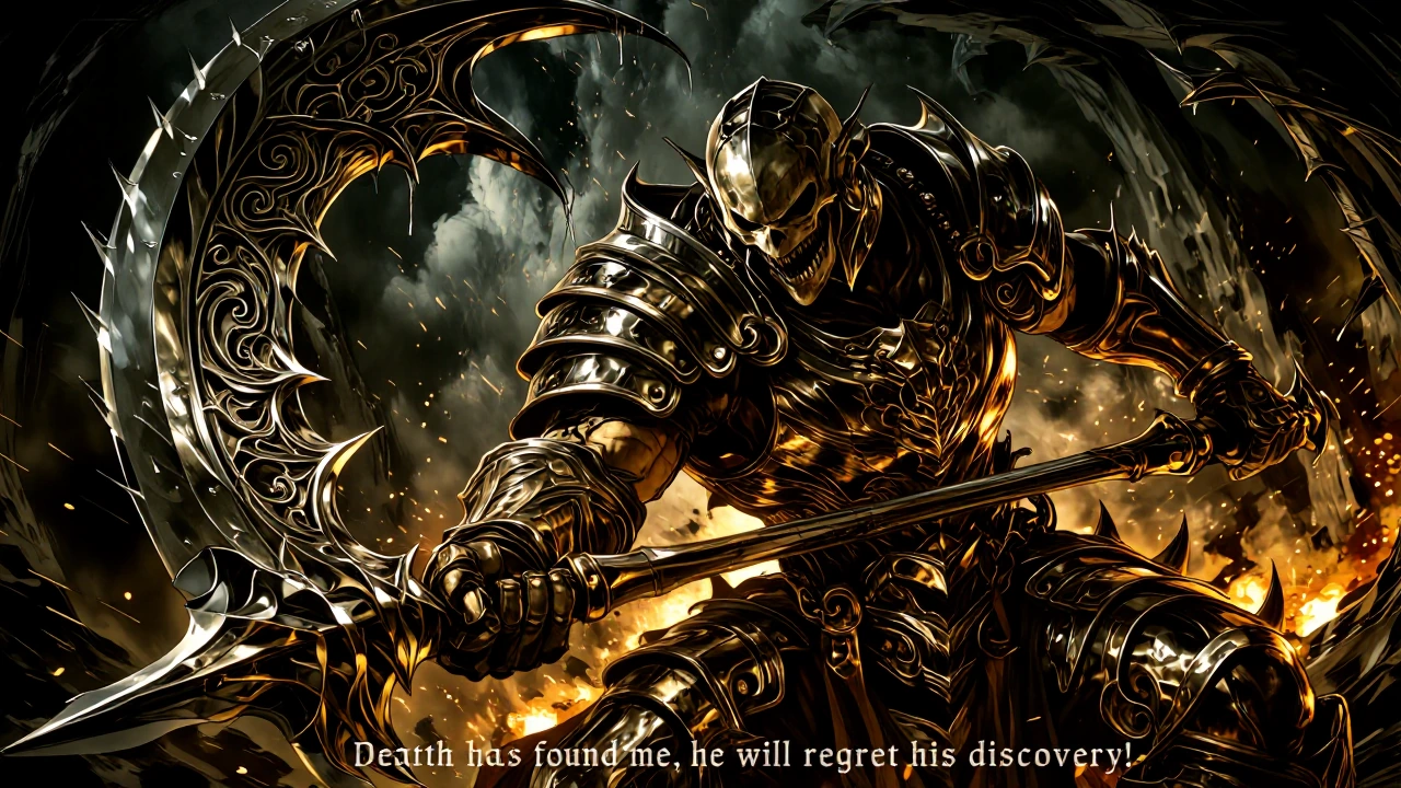Hyper-realistic image of two powerful combatants. In Cosmic space Sparks fly as The Skull-faced Grim Reaper uses his scythe to desperately parry a mas