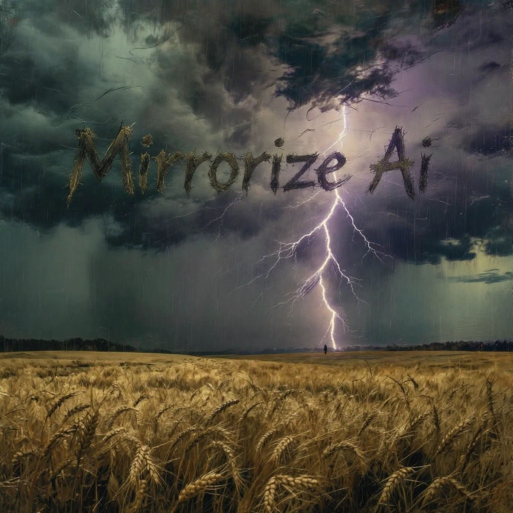 Storm front rolling across golden wheat fields at dusk, lightning fracturing the sky in jagged white branches that spell "Mirrorize Ai" across roiling