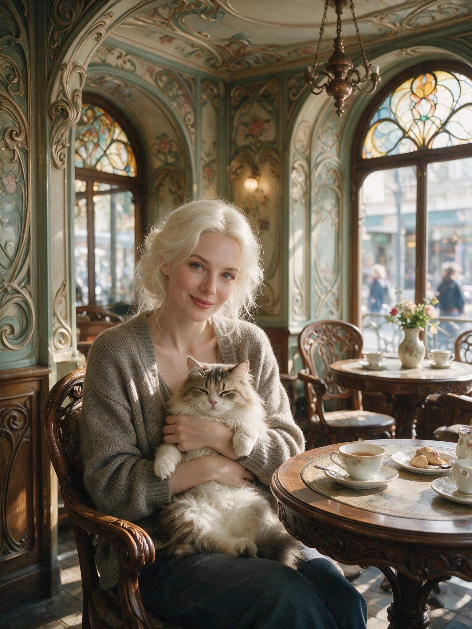 beautiful woman platinum hair with a cat in a cafe. art nouveau style