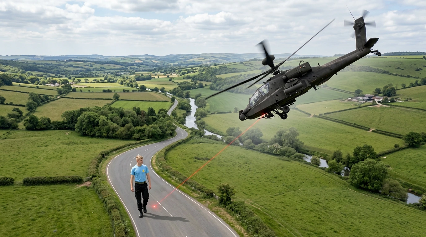 what loneliness looks like from above; An aerial view of an Apache Gunship with visible Red laser targeting circling a young short haired blonde man wearing a sky blue T-Shirt with a Yellow Emblem and black combat trousers walking on a back road in a