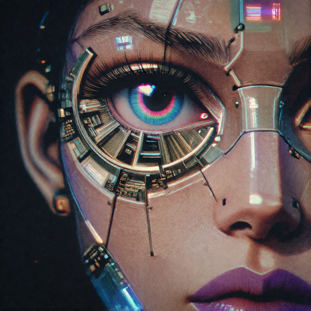 anime style illustration, Retro style, 1990s style, 1980s style, ultra fine detail. A Face focus extreme close-up of a cybernetically enhanced female 