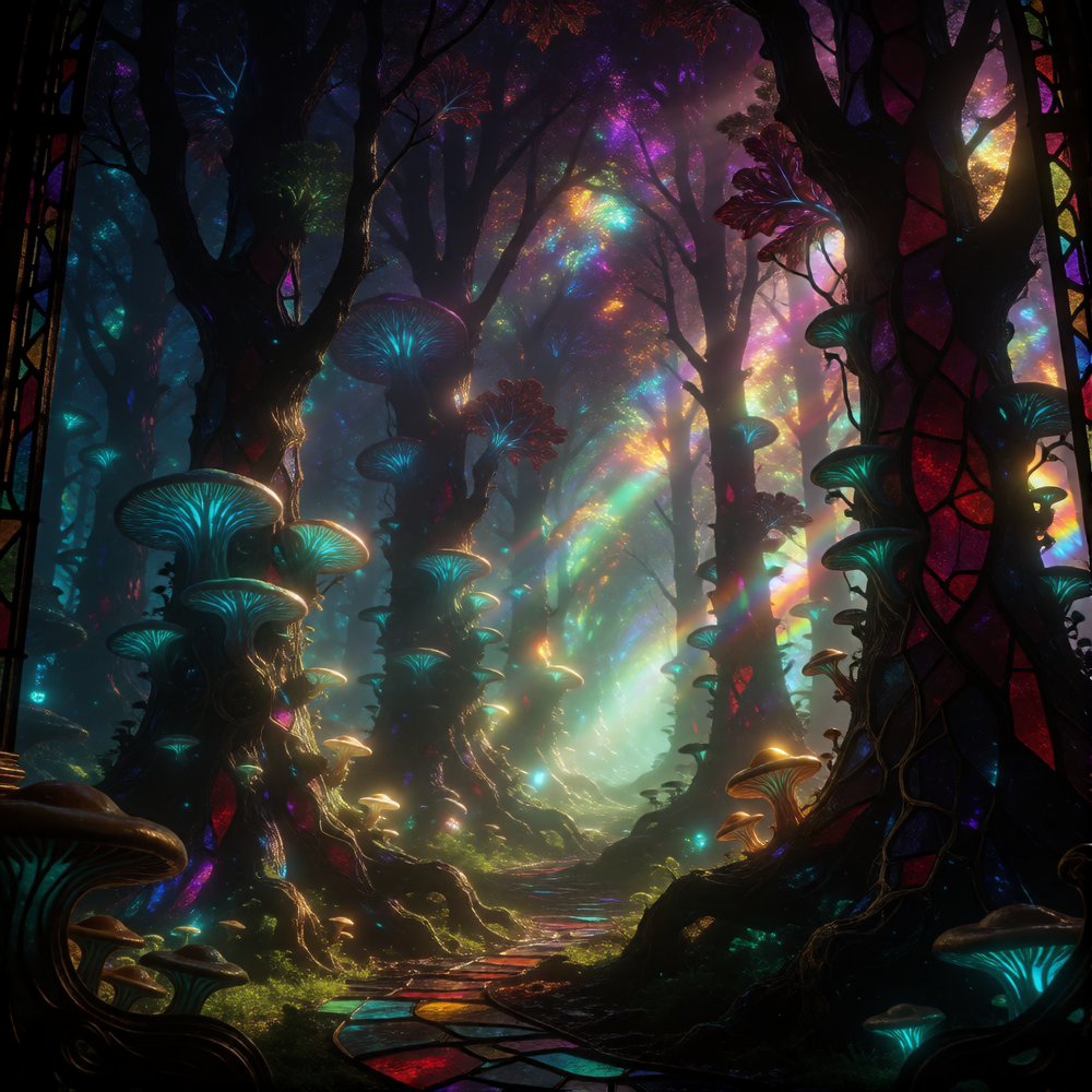 A primordial forest collapsing into a luminous vortex at its center—trees dissolving into iridescent fractals of violet, deep magenta, and acid lime.