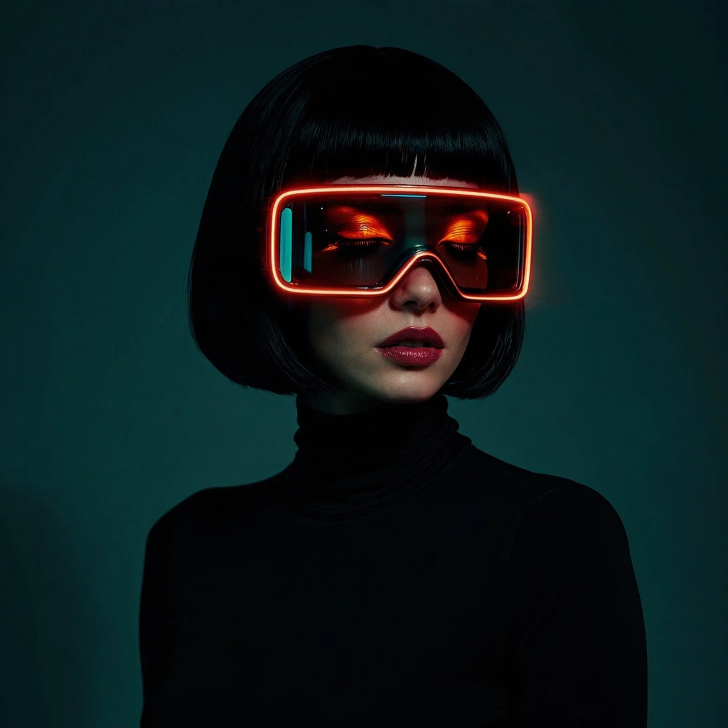 a woman with a sleek rounded black bob haircut with blunt bangs, wearing a form-fitting black turtleneck, face partially obscured by a futuristic wide