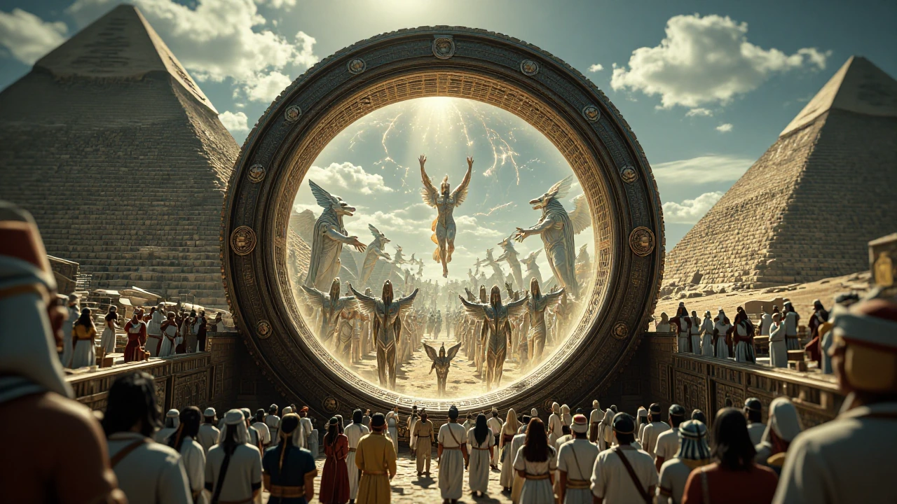 a door in the desert, slightly open: A massive circular stargate made from Alien metal stands between a pair of great pyramids. Thousands of ancient E