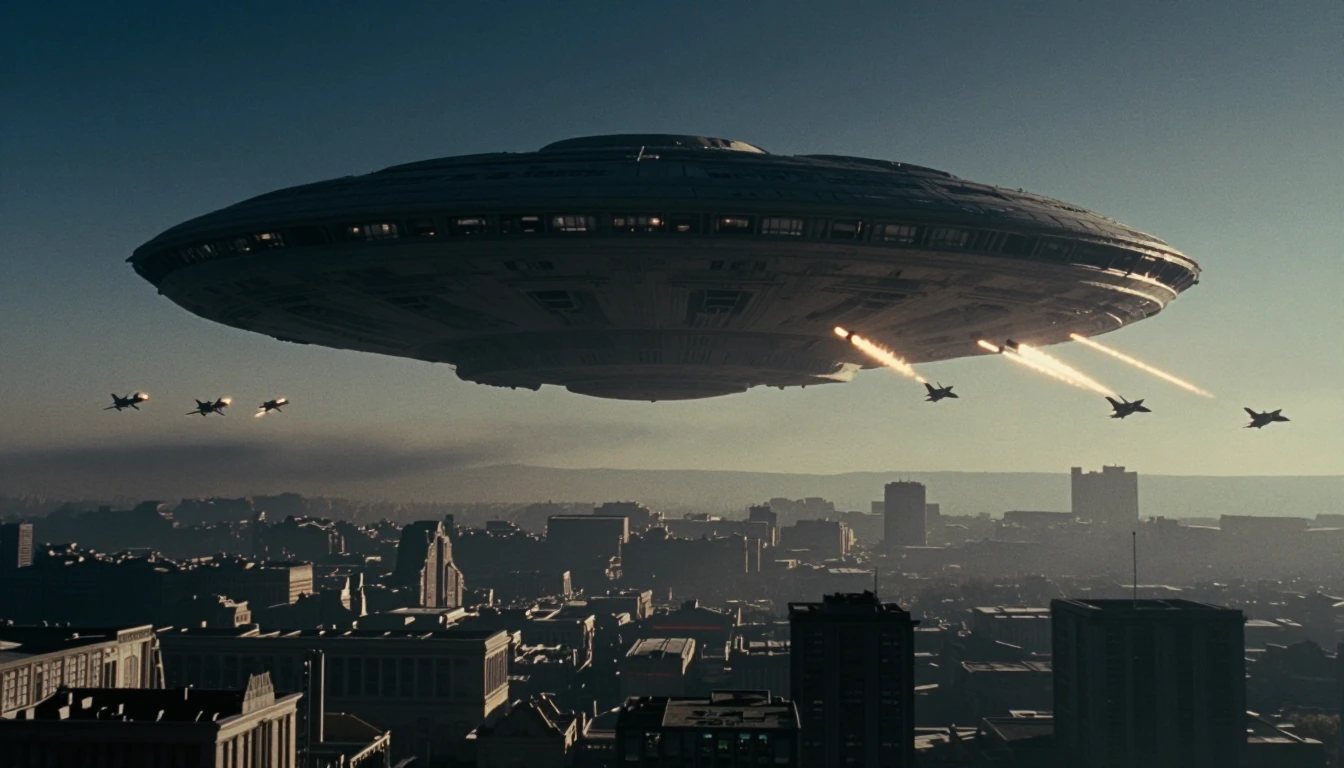 Gigantic Alien Spacecraft floating over the ruins of a great human city, from the west a squadron of Jet Fighters in attack formation fly towards the Alien Spacecraft launching their first salvo of missiles as they approach.