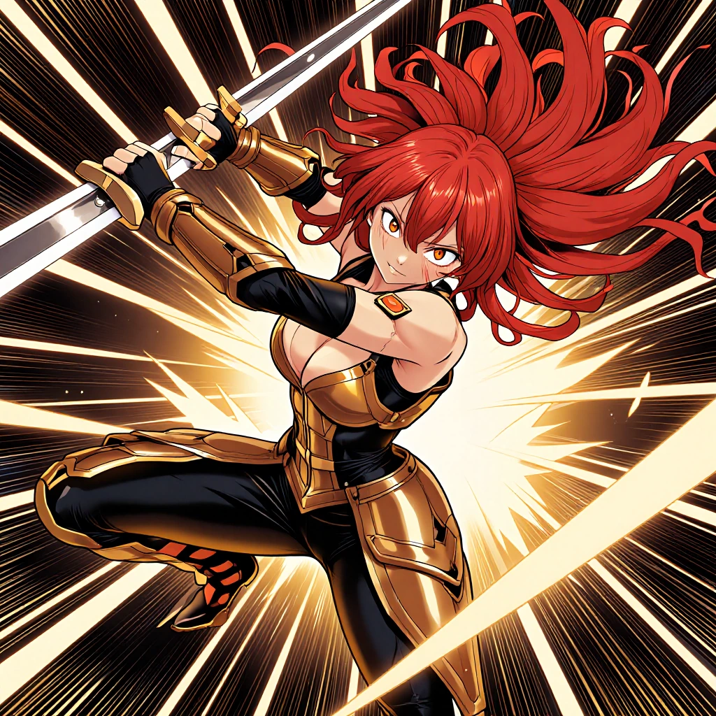 Eris Greyrat mid-combat stance, sword raised with fierce determination, cel-shaded anime style inspired by Trigger Studio's dynamic action sequences—sharp speed lines radiating outward, volumetric light shafts cutting through the scene, her crimson h
