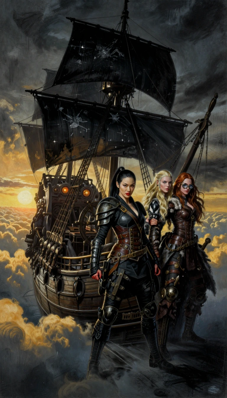 Wide cinematic shot of a majestic pirate ship flying above a sea of golden clouds at sunset. On the wooden deck, three distinct women stand heroically: the first is a formidable Japanese ninja with striking Asian features, bright red lips and long, s