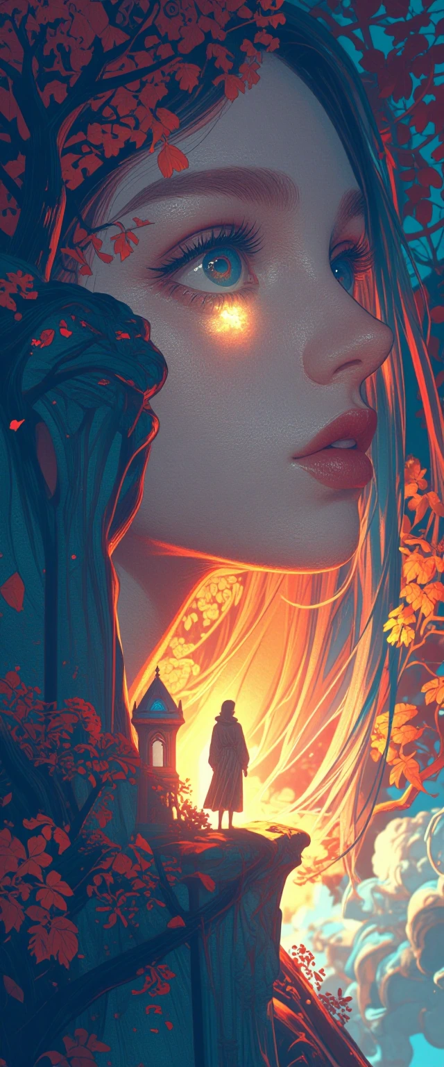 Silent lucidity, autumn colors fill this color palette with sharp contrasts and endlessly gradient hues of juxtaposed beauty, microscopically detailed. The warm light of evening bathes her silhouette standing at the edge of an equinox. A celestial eq